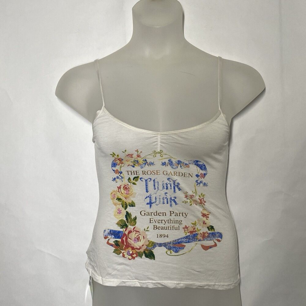 AGUA DOCE Tank Women M White Sequin Floral Think Pink Rose Garden Stretch Brazil